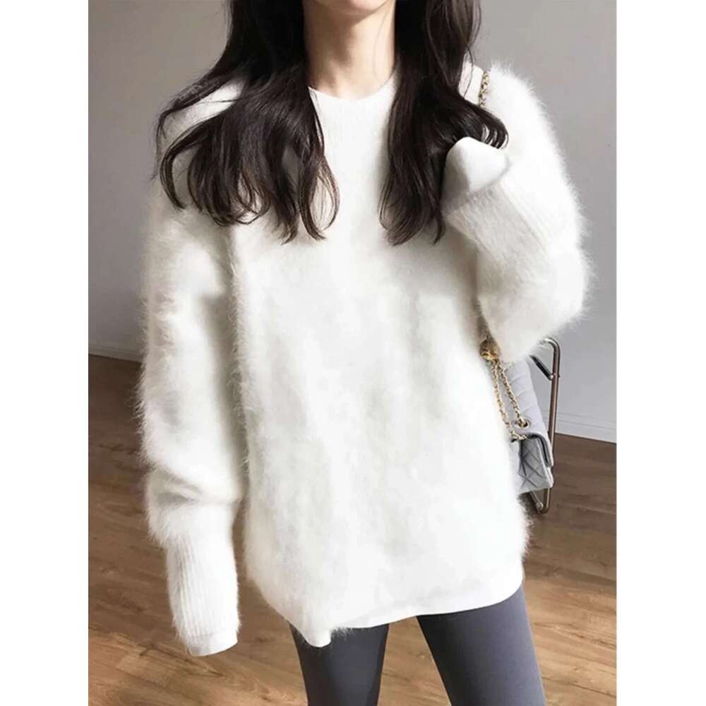 Autumn Winter Mink Fleece Sweater Women's Knitted Pullovers Thick Loose Casual Outerwear Solid O Neck Oversize Jumpers Women
