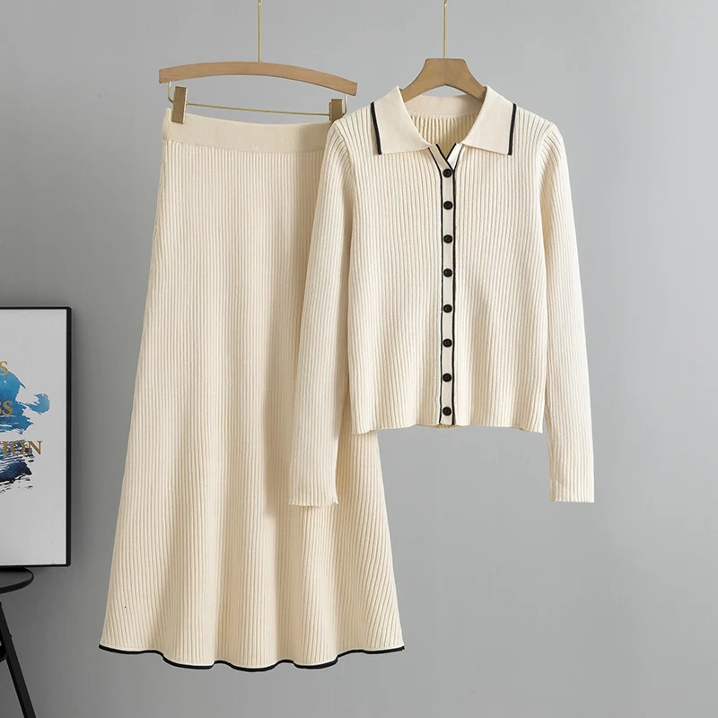 Slim Knitted Two Piece Set for Women Fashion Spring Autumn Long Sleeve Cardigan Sweater Skirt Sets Outfits 250514
