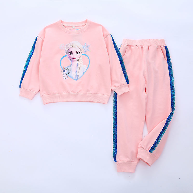 DISNEY Frozen Elsa princess kids designer clothes Spring and Autumn girls' set with sports printed sweatshirt and trousers.