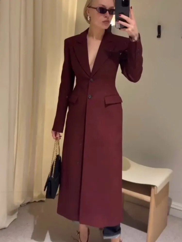 Long Waist Cinched Suit Coat Jacket V-Neck Minimalist Slim Fit Elegant Women Overcoat Top Professional Formal Spring 250513