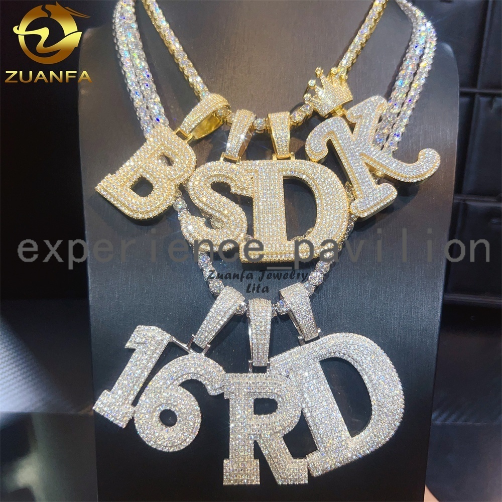 DIY Letter Initial Number 925 Sterling Silver Custom Moissanite Jewelry Iced Out Rappers Hip Hop Letter Pendant