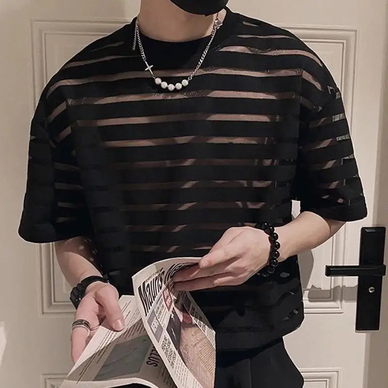 Men T Shirt Mesh Striped O-neck Short Sleeve Transparent Men Clothing Streetwear Sexy Korean Fashion Tee Tops S-5XL INCERUN 250513