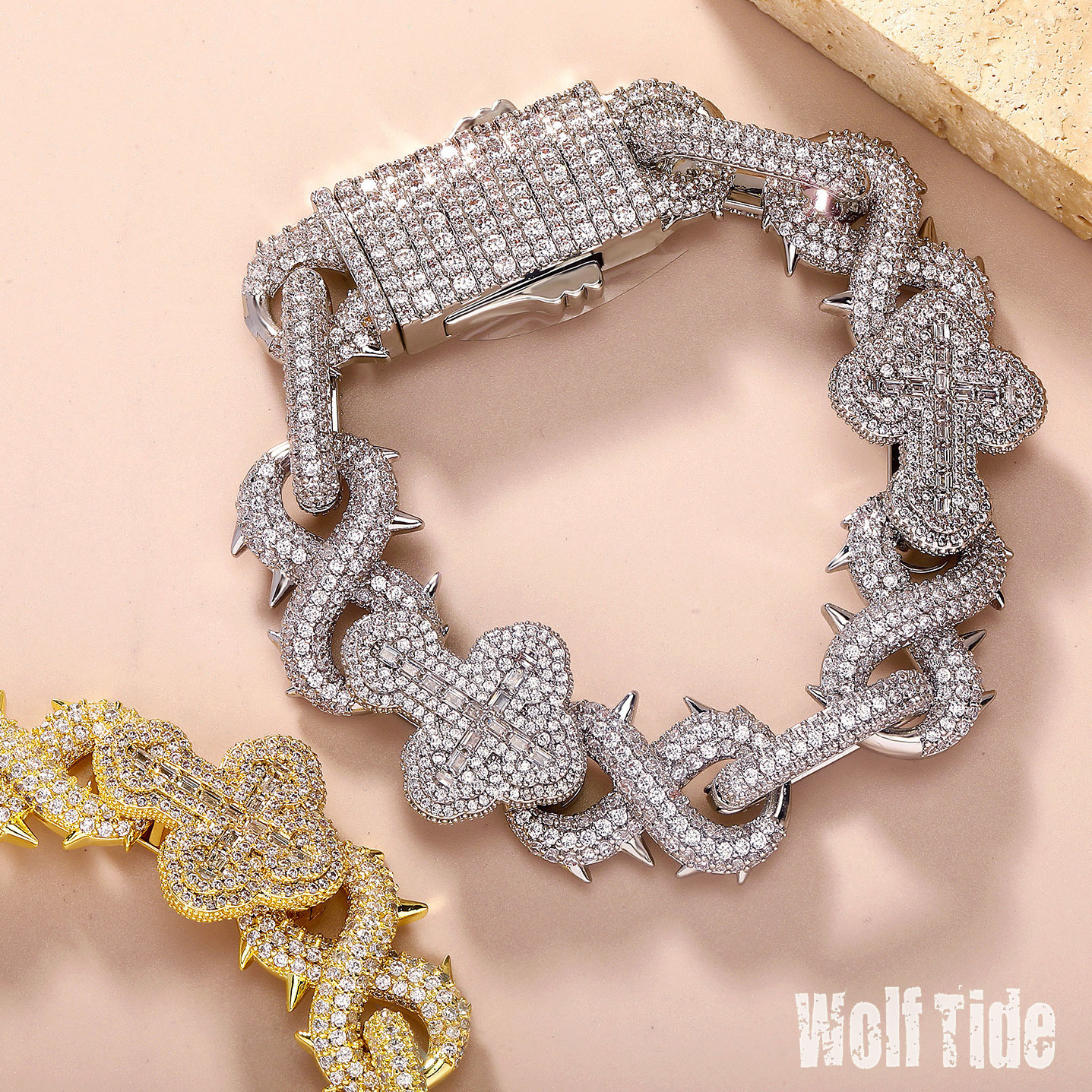 Bling Chunky Hip Hop 8-shaped Infinite Sign Thorn Cross Cuban Chain Bracelet Full Cubic Zirconia Diamond DIY Trendy Party Bracelets Wolf Tide Rapper J