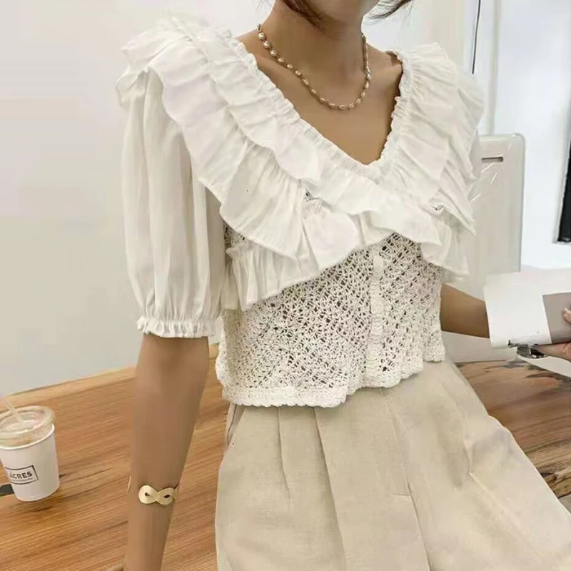 REALEFT Spring Summer Hollow Out Lace Crochet Womens Blouses Short Sleeve Ruffles Vneck Casual Shirts Top for 250514