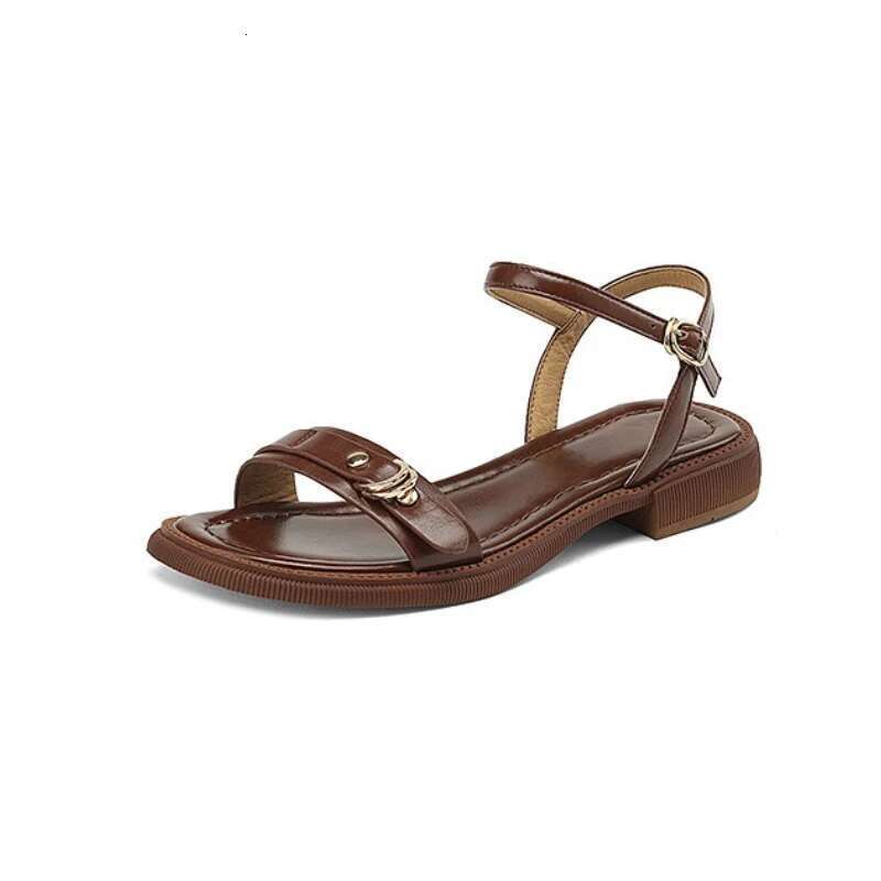 Designer New Summer Women Narrow Leather One Word Buckle Strap Flat Sandals Wide Heel Platform Casual Shoes