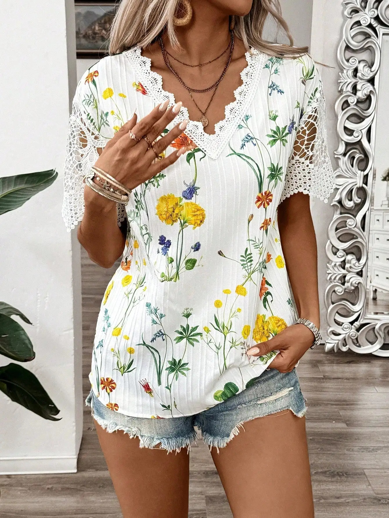 Elegant casual womens shirt Vneck short sleeve splicing lace wave stripe printed for women 250514