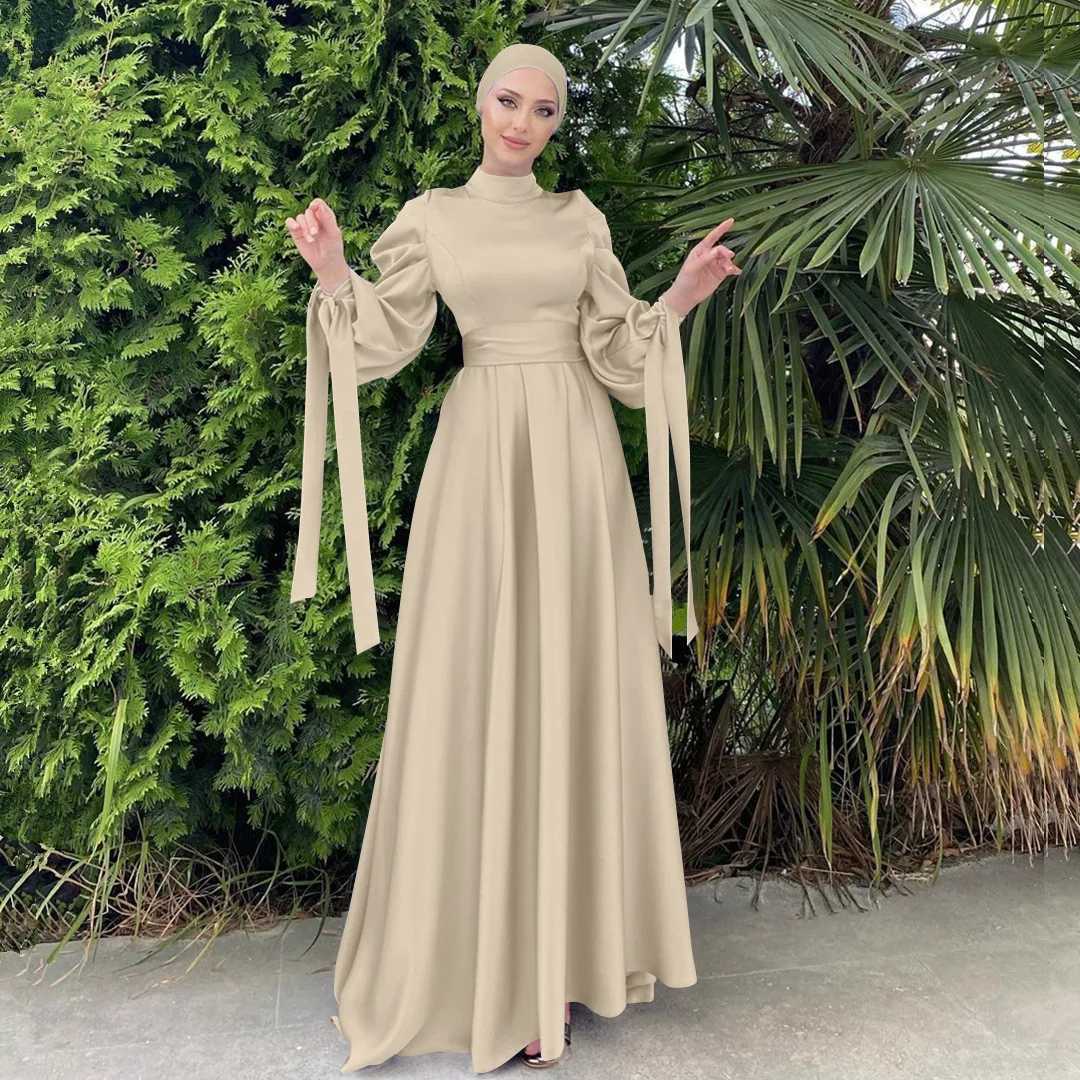 Fashion Women Satin Muslim Dress Hijab Arabic Pleated Abaya Dubai Balloon Slve with Ribbon Islamic Dress With belt wy1589 X250514