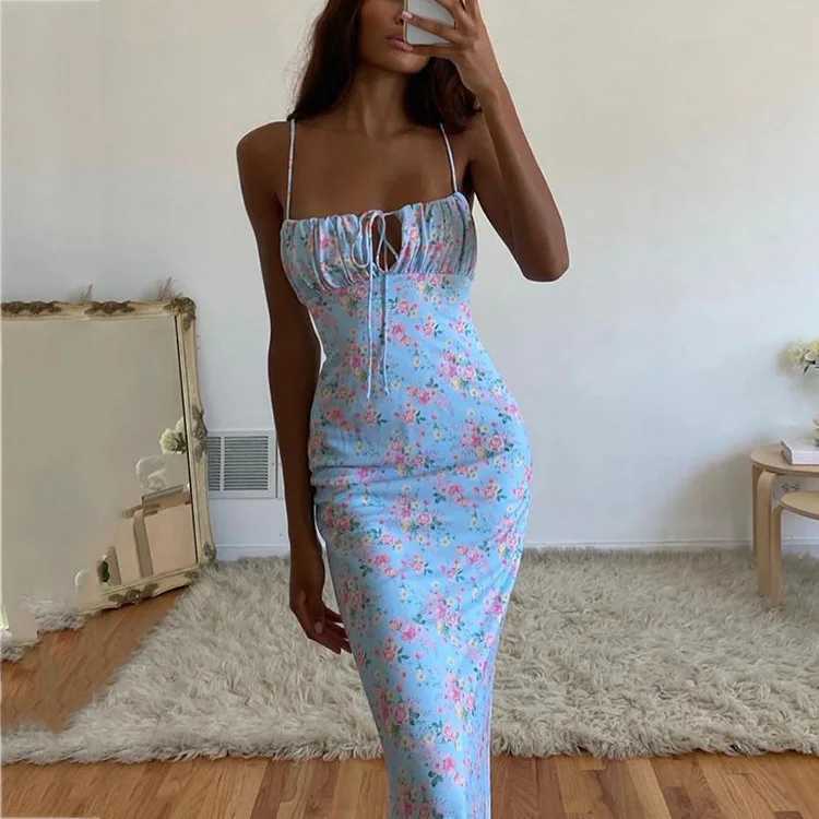 Female Elegant Slim Fitting Summer Floral Printed Bodycon Maxi Dress Spaghetti Strap Sleeveless Boho Style Streetwear Long DressXJ250514