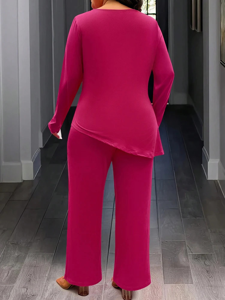 Large solid color knitted round neck long sleeved fashionable casual slim fit twopiece set for home outdoor loose and comfortable use 250427