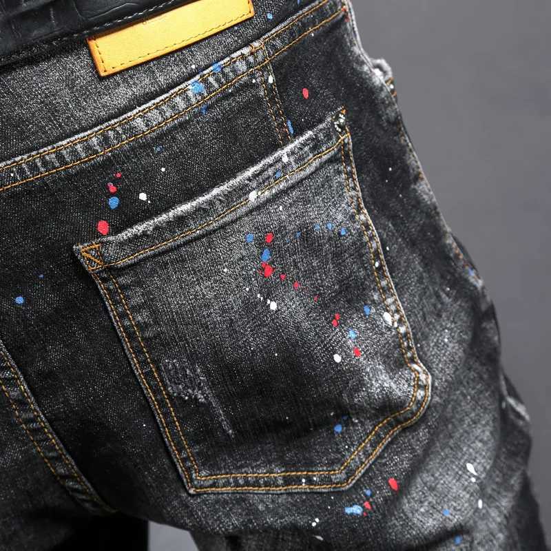 Strt Fashion Men Jeans Retro Black Gray Stretch Skinny Ripped Jeans Men Painted Designer Spliced Hip Hop Denim Pencil Pants X250514