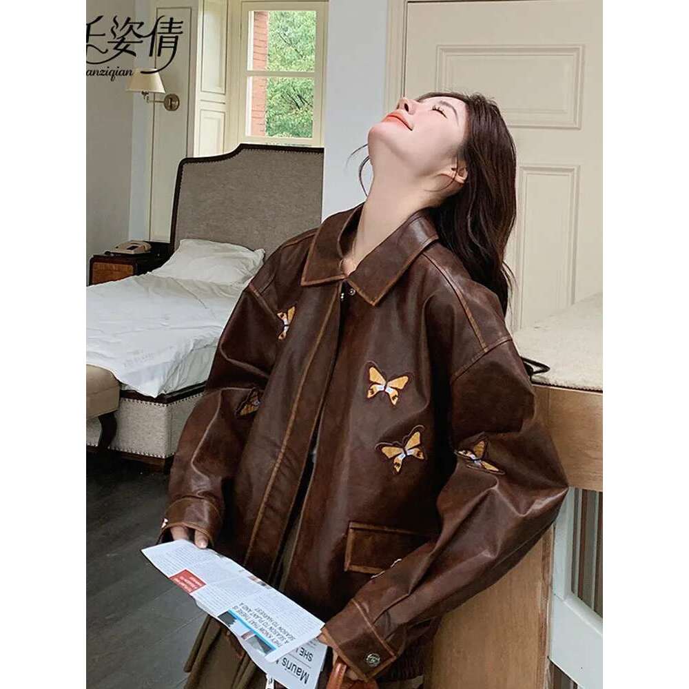 Retro Maillard Brown Jacket for Women 2025 Spring autumn New Collection Butterfly Embroidered Sweet Cool Leather Coat