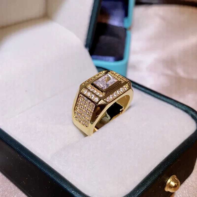 New Yellow Gold Rectangular Diamond Luxury Large Diamond Ring Male Ring 925 Stamp With Diamond Ring Party Birtay GiftXJ250514
