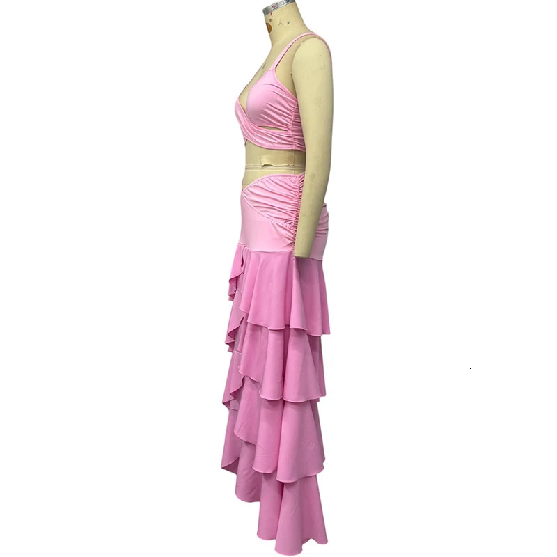 Wefads Women 2 Piece Set Summer Elegant Solid Sleeveless V Neck Hollow Out Backless Tank Top Layered Pleated Long Skirt Sets 250514