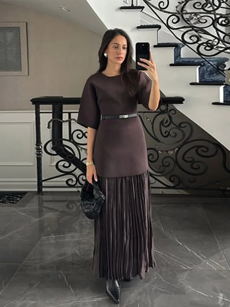 Elegant Pleat Dress Women Brown Oneck Half Sleeve Patchwork Slim Long Dresses Female Spring Summer Lady High Street Robes 250514