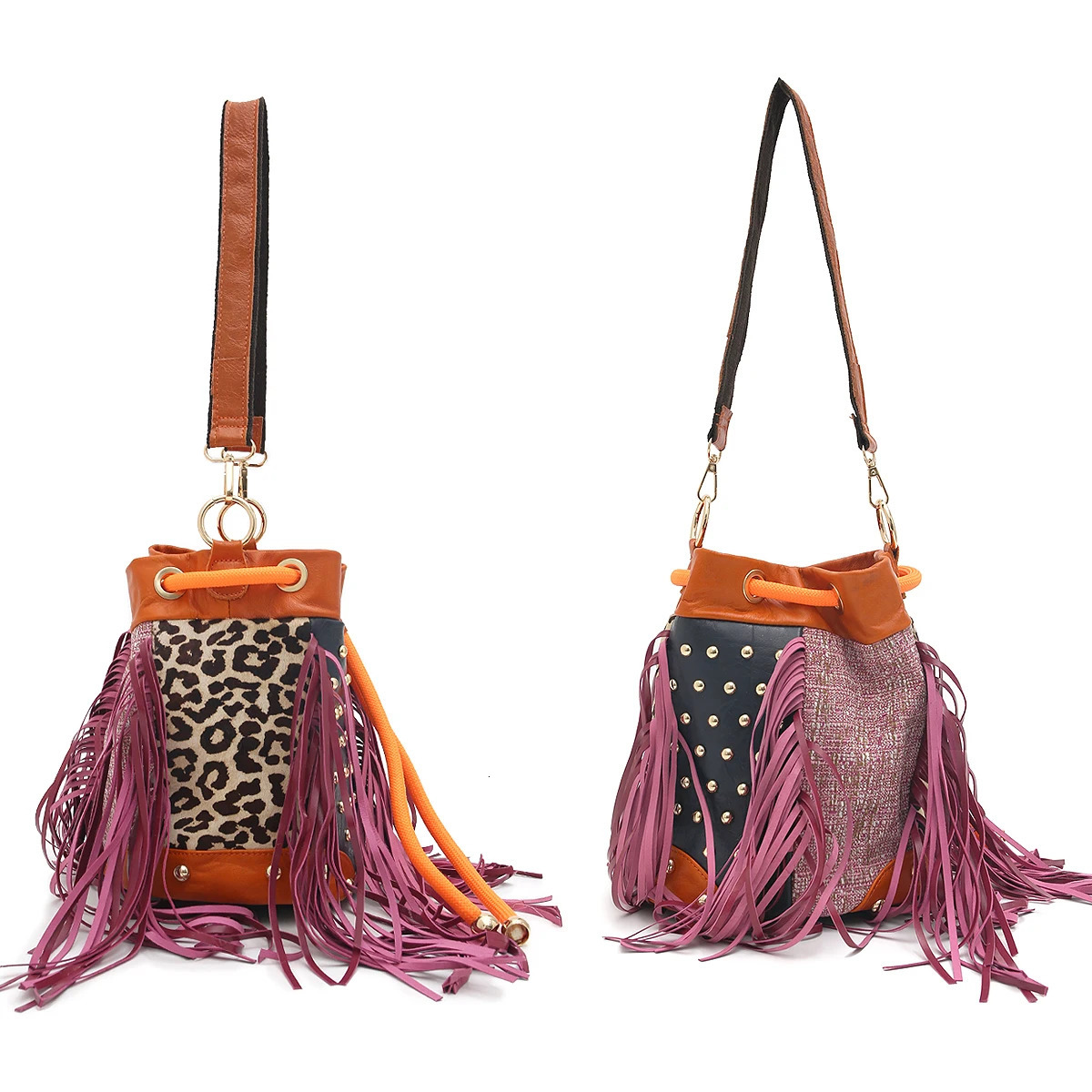 Womens Retro Cowhide Tassel Handbag y Rivets Colorful Patchwork Leopard Print Bucket Purse Casual Cross body Shoulder Bag 250514