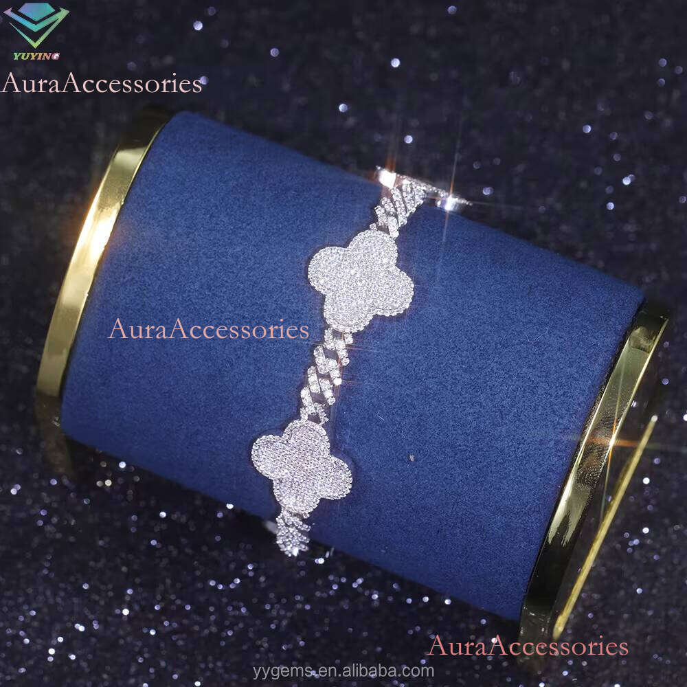 Sier & Gold Plated Clovers Dia Moissanite Bracelet New Design Cuban Link Chain for Men and Women Hip-Hop Style