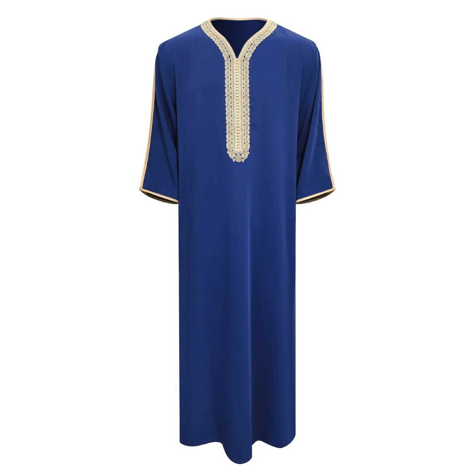 Muslim Mid Sleeve Embroidered Ethnic Moroccan MenS Robe Side Pockets Abaya Thobe Long Sleeve Muslim Kaftan Vintage White Robe X250514