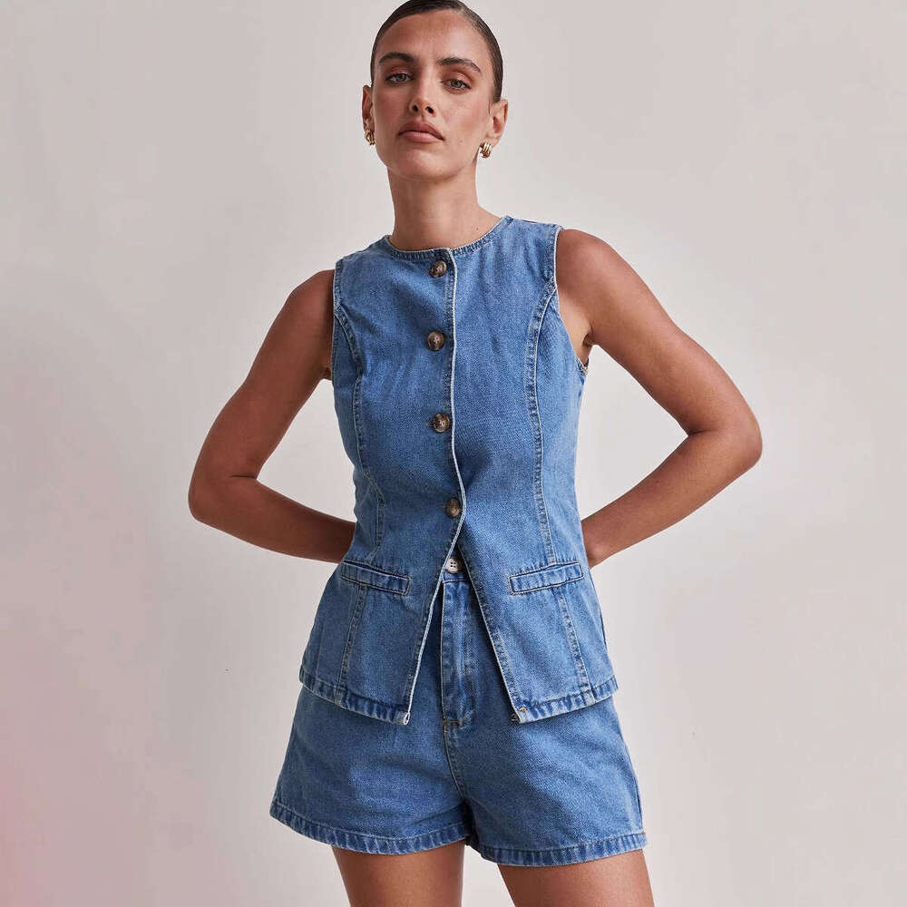 2025 Spring/summer New Fashion Sleeveless High Waist Loose Cowboy Shorts Set Washable Gentle Wind Show Thinness Long Printing New Pattern Fashion New 