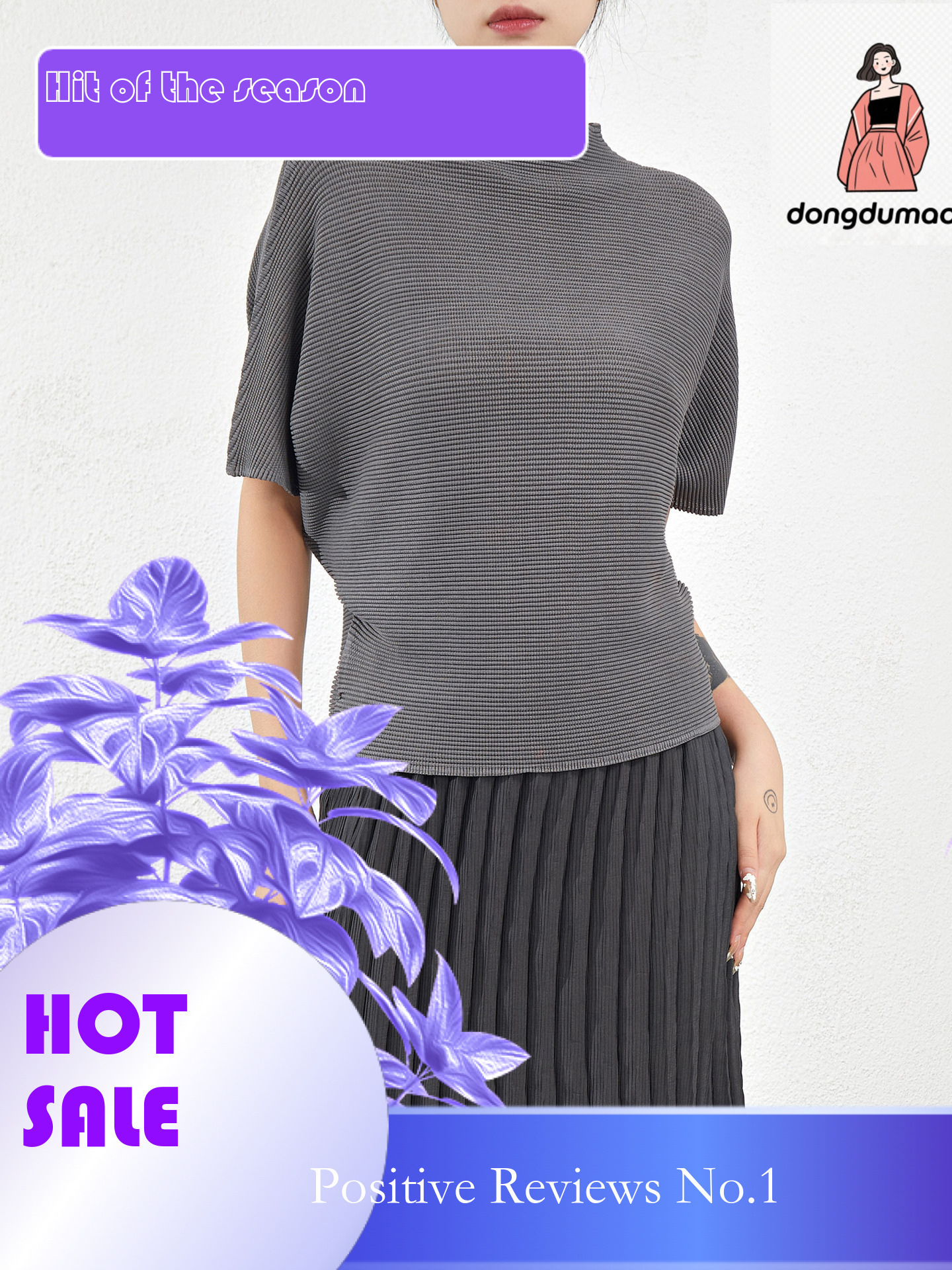 dongdumaoyi Sanzhai T-shirt, half sleeved bat shirt, lazy style, summer pleated design, elastic, loose and simple solid color top for women