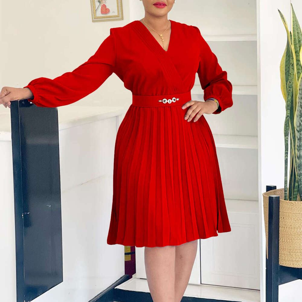 Women's Wear Women's Wear Spring New OL Temperament V-Neck Fashionable Pleated High Waisted Dress