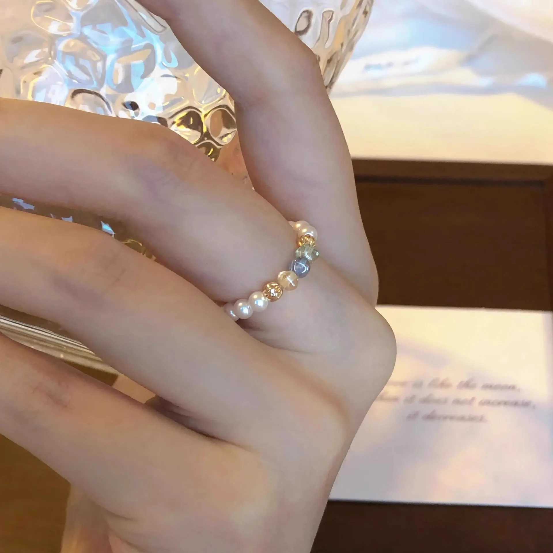PANJBJ 925 Sterling Silve Multicolour Bead Ring for Women Pearl Elastic Sweet Romantic Design Jewelry Gift DropshippingXJ250514