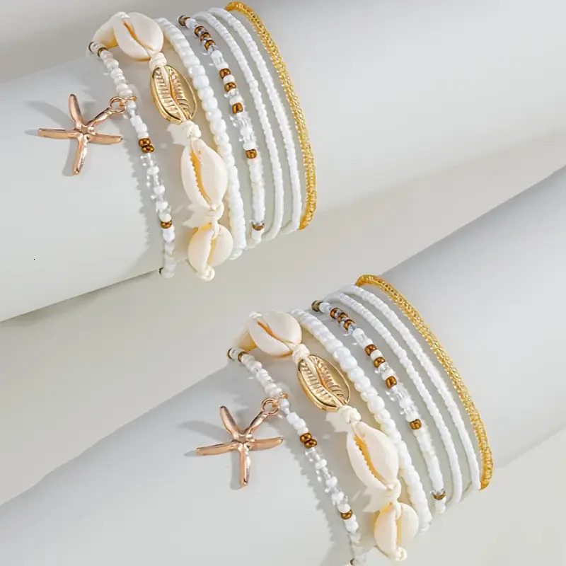7/14pcs Bohemian Beaded Anklet Set for Women Summer Starfish Shell Charms Multi-Layer Beach Foot Bracelets Daily Wear Jewelry 250513