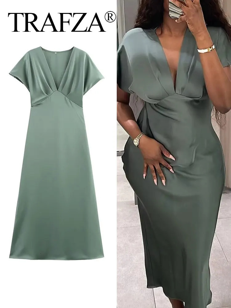 TRAFZA Female Vintage Summer Dress Women Satin Short Sleeves Solid VNeck Pleated Straight Pajama Style Elegant Long Vestidos 250514