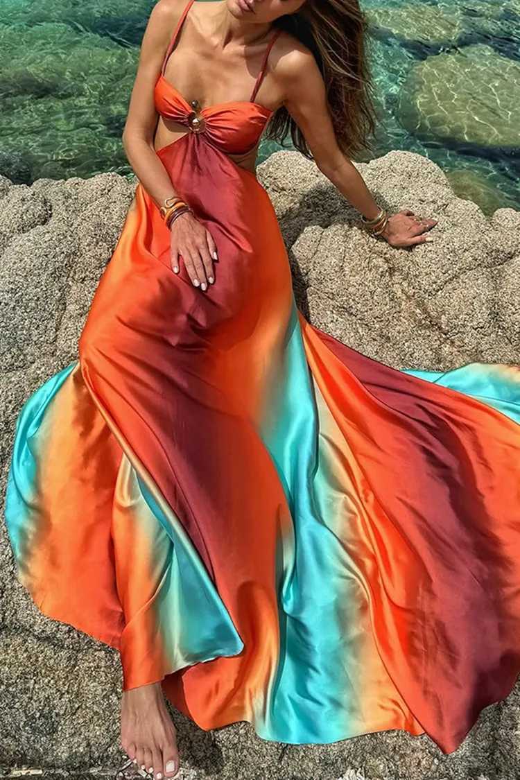 Sexy Gradient Hollow Out Maxi Dress Women Backless Sleeveless Sling Long Dresses 2025 Summer Vacation Boho Beach Satin RobesXJ250514