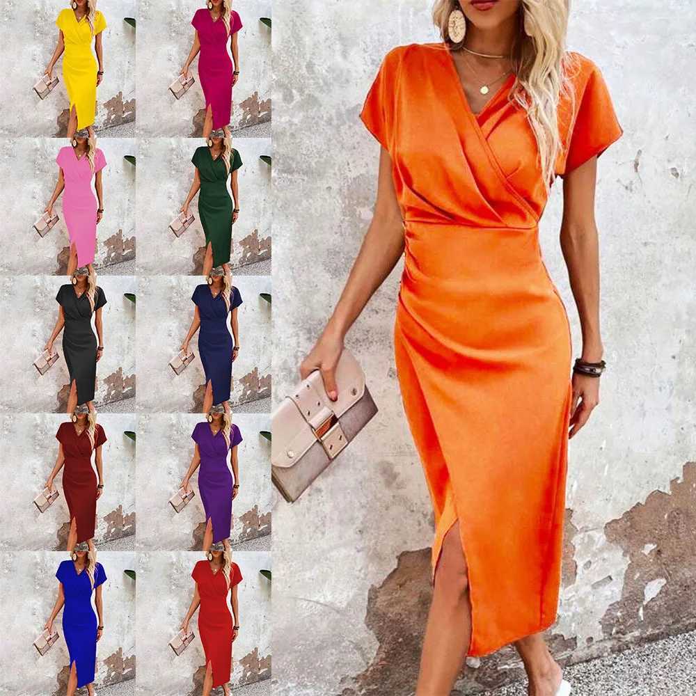 Solid Color Slim Maxi Dresses Women Summer New V-neck Folds Package Hip Slit Long Dress Female Temperament Commuting DressesXJ250514