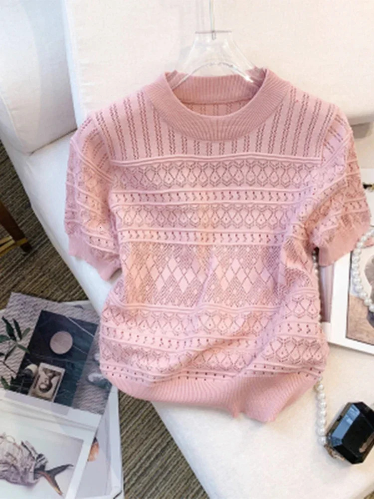 HELIAR Women Hollow Out Knitted Tshirt Sweet Thin Short Sleeve Crop Top Solid Oneck Tees Summer Beach Holiday Pullover 250514