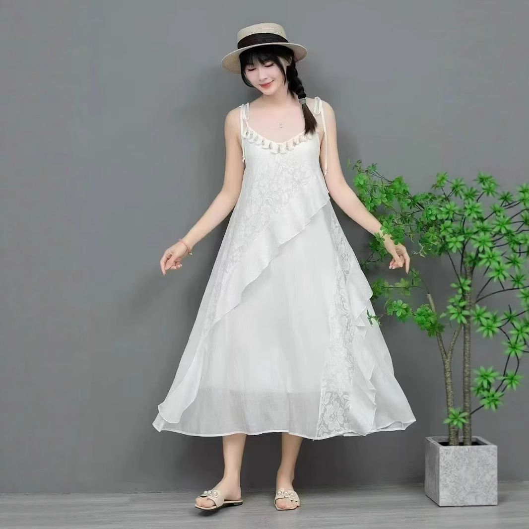 DA240 New Large Size White Skirt Women's Summer Loose Design Round Neck Dress Long Skirt