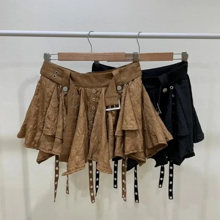 Womens Crumpled Layer Mini Skirt with Belt Strap Elastic Back Asymmetrical Short Grunge eGirl Y2K Acubi Outfit 250514