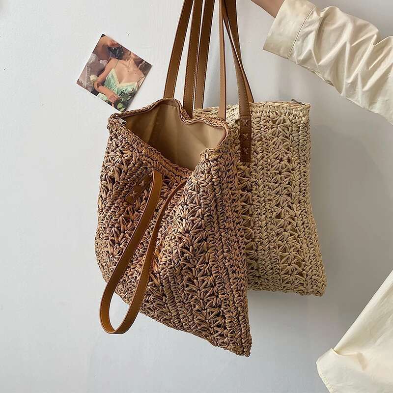 Fashion Straw Woven Large Capacity Shoulder Shopping Bag Women Vacation Beach Handbag Purse Bohemia Rattan Knitted Tote For Lady