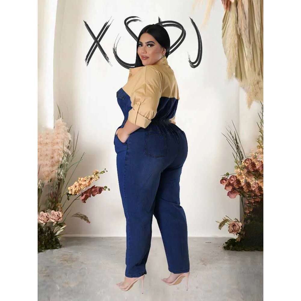 Casual Elegant Womens Jumpsuits with Jeans Autumn Winter Long Sleeve One Piece Outifts Cotton and Denim Jumpsuit Plus Size Lady