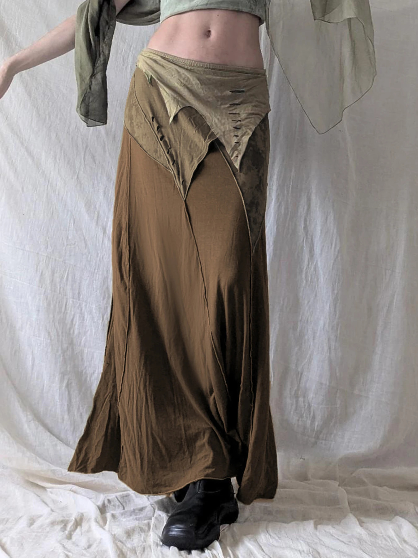 IAMSURE Grunge Fairycore Patchwork Skirts Holiday Vintage LowWaisted Maxi Women Spring Autumn Beach Style Ladies 250514