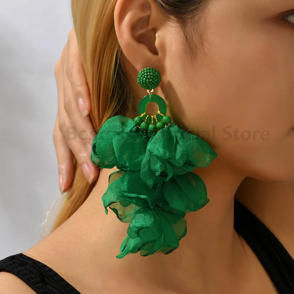 Boho Printed Fabric Flower Petal Decor Dangle Earrings For Women Elegant Handmade Bead Tassel Exaggerated Pendant Jewelry 250514