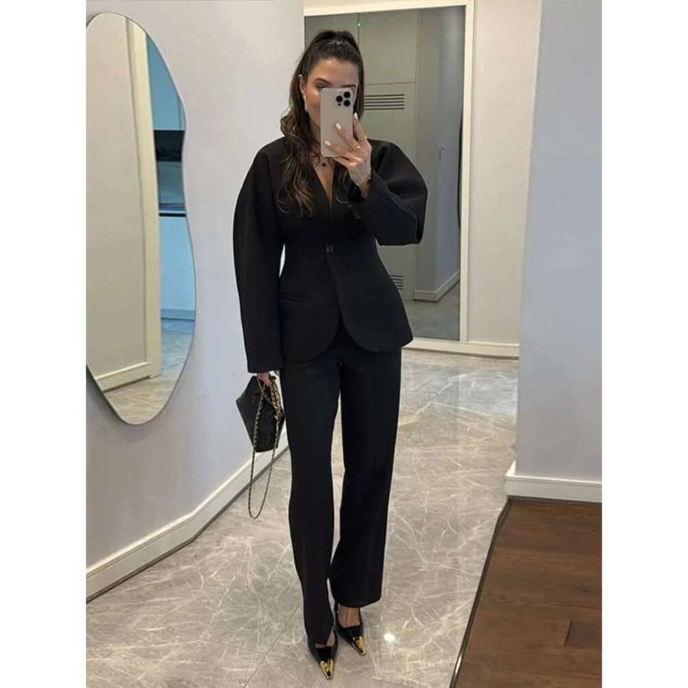 Elegant Blazer Trouser Women Two Piece Set Long Sleeve One Button Coat High Waist Wide Leg Pant Suit 2025 Spring Lady Streetwear