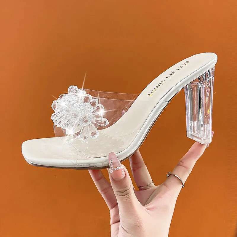 2025 Summer New Sandals Fashion Rhinestones Square Heel Transparent Women Shoes High Heels Female Party Shoe