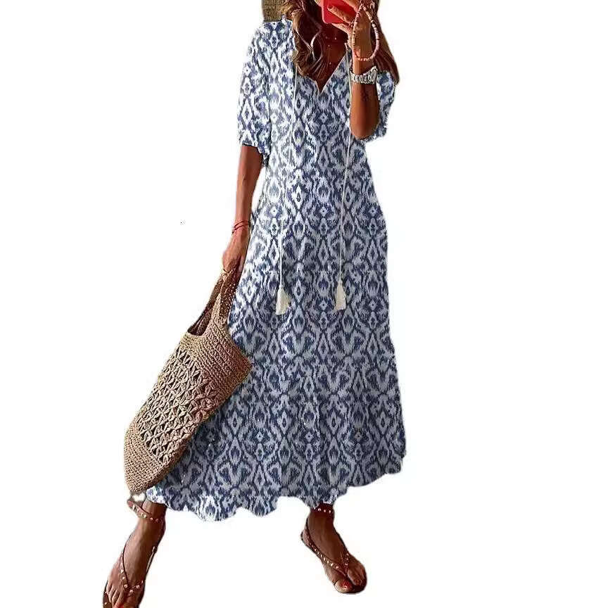 Women Clothes Dress Casual Sweet Loose V Neck Printed Hanging Beard Middle Sleeve Long Dress For Women KQ
