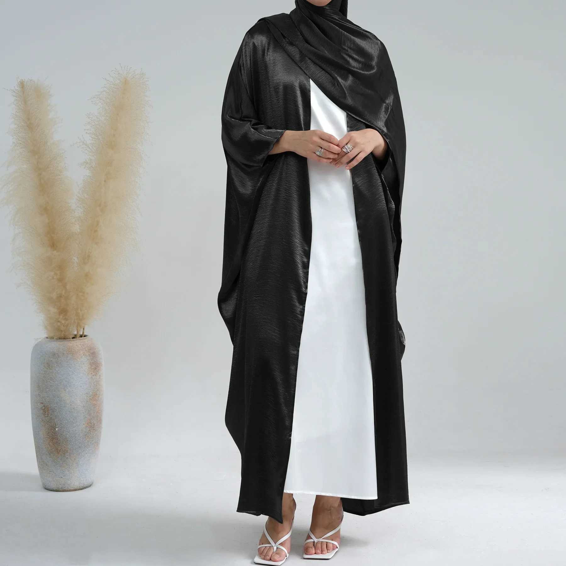 Morocco Eid Party Muslim Women Satin Open Abaya Cardigan Hijab Long Maxi Dress Turkey Kaftan Dubai Bat Slve Robe Arab Jalabiya X250514