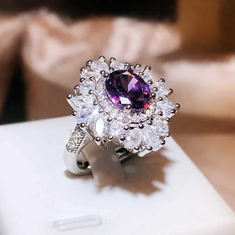 925 Silver New Model Amethyst Opening Ring Female Bling Long Pillow She Deep Purple Zircon Full Diamond Ring Bridal GiftXJ250514