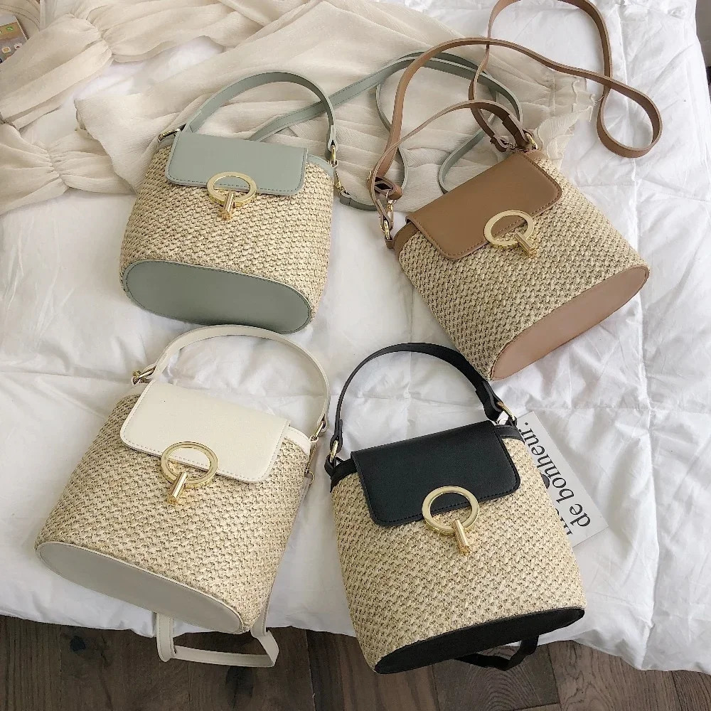 Beach Vacation Woven Womens Bag Fashion Trend Korean Version Versatile Handheld Crossbody Bucket 250514