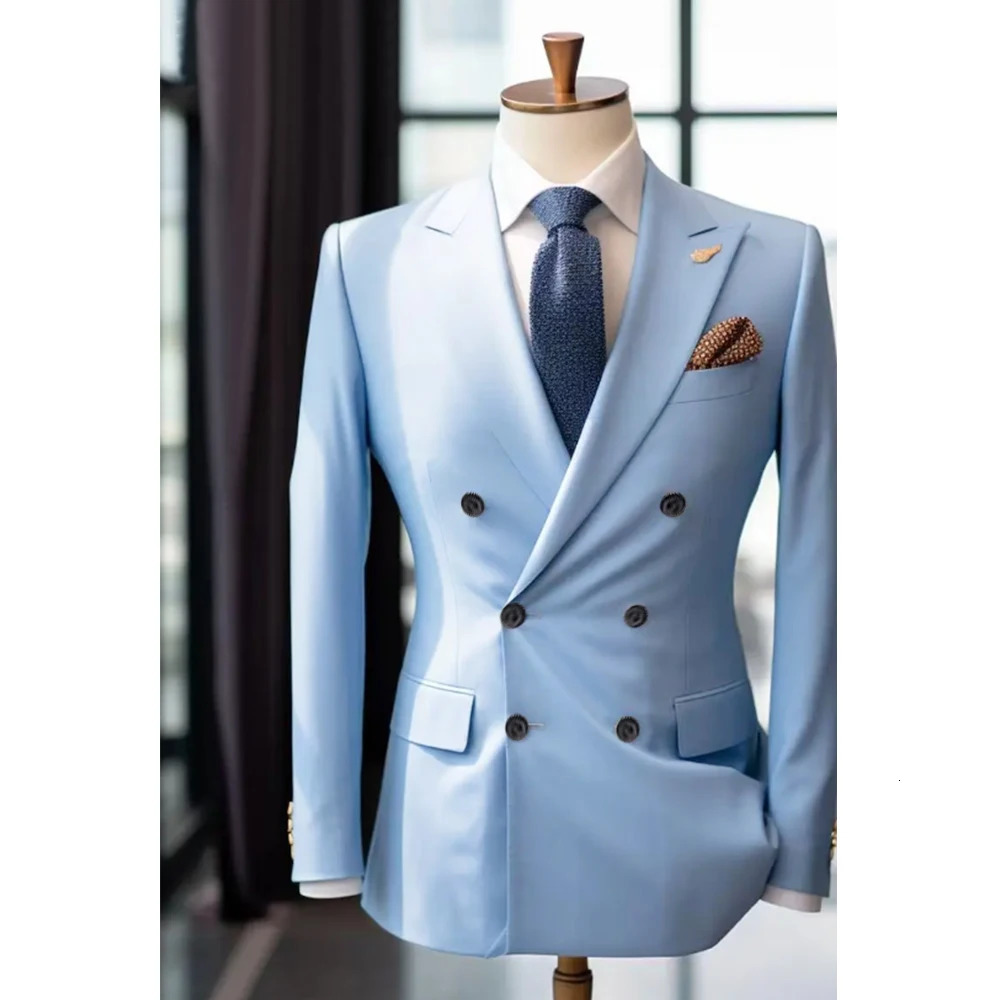 Blue mens suit double chest notch lapel 2piece jacket pants clothing formal wedding slim fit set 250506