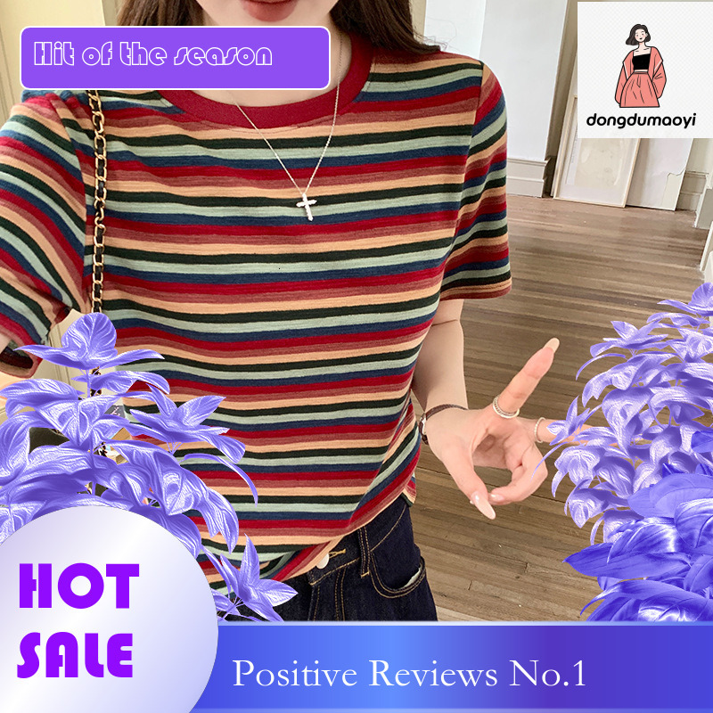 dongdumaoyi Colorful round neck striped short sleeved T-shirt for women's summer new stylish color blocked T-shirt, slim fit and slimming top