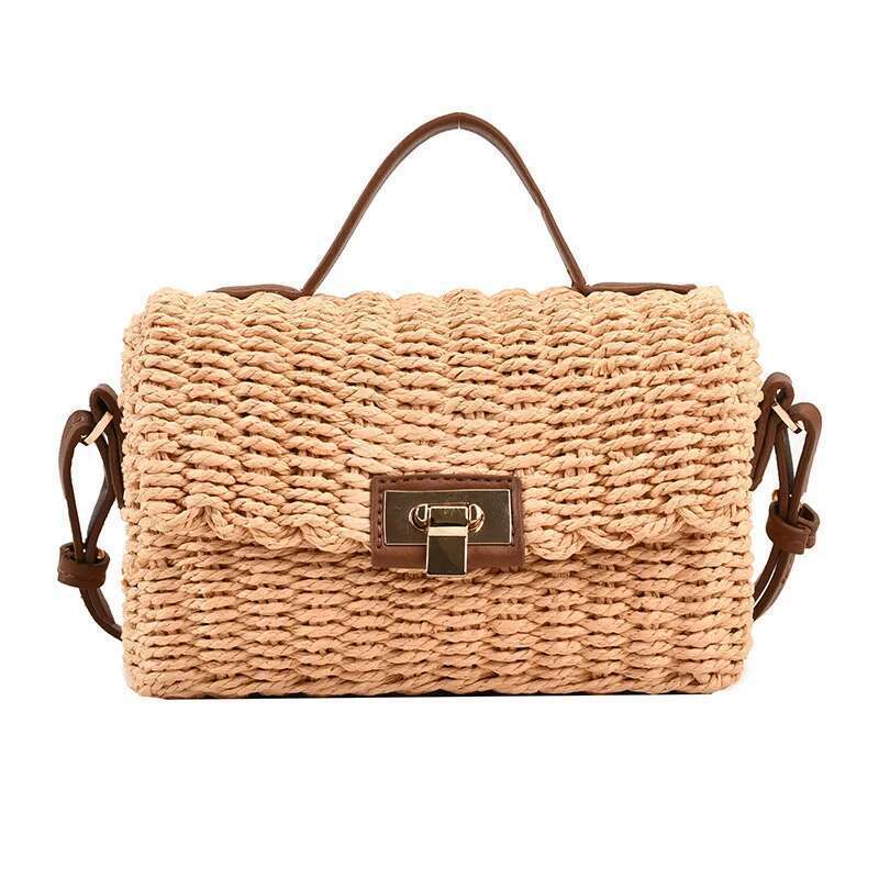 Shoulder Handmade Women's Summer Straw Beach Bag Bohemian Female Handbags Fashion Square Flap Lock Designer Shopper Purse