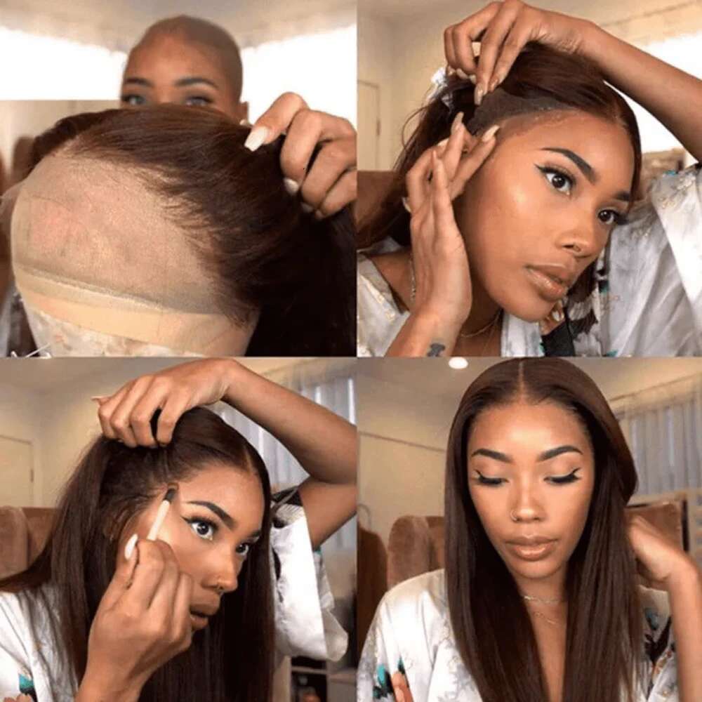 13X4 Chocolate Brown Long Straight Front Wigs For Black Women Colored Transparent HD Synthetic Lace Frontal Wig Pre Plucked