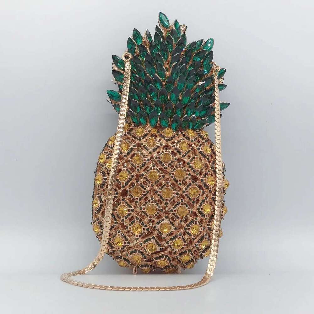 Unique Pineapple Fruits Women Rhinestones Designer Handbags Crystal Party Prom Clutches Fashion Metal Chain Bags