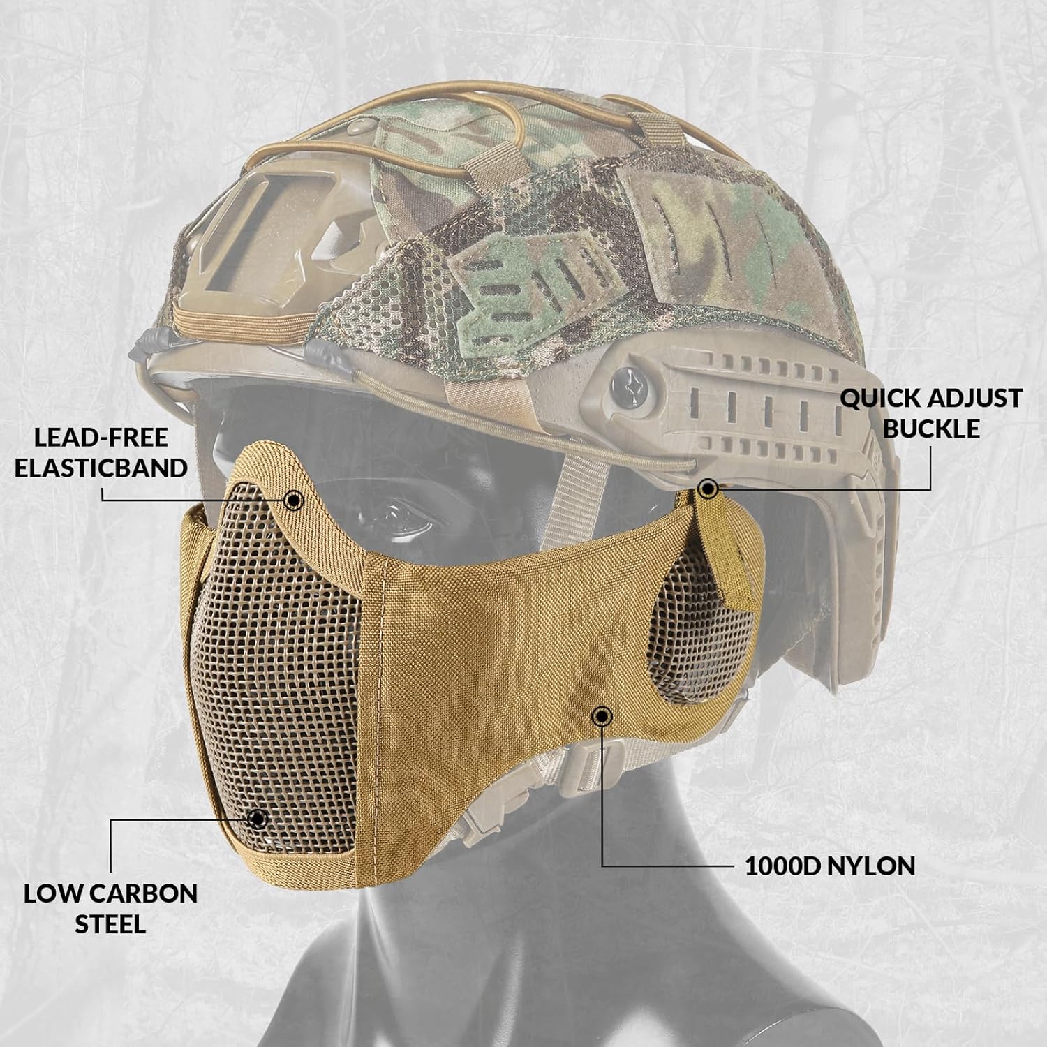 VOTAOGOO Airsoft Mesh Mask, Tactical Foldable Half Mesh Mask with Ear Protection, Adjustable Military Mesh Lower Face Protective Mask