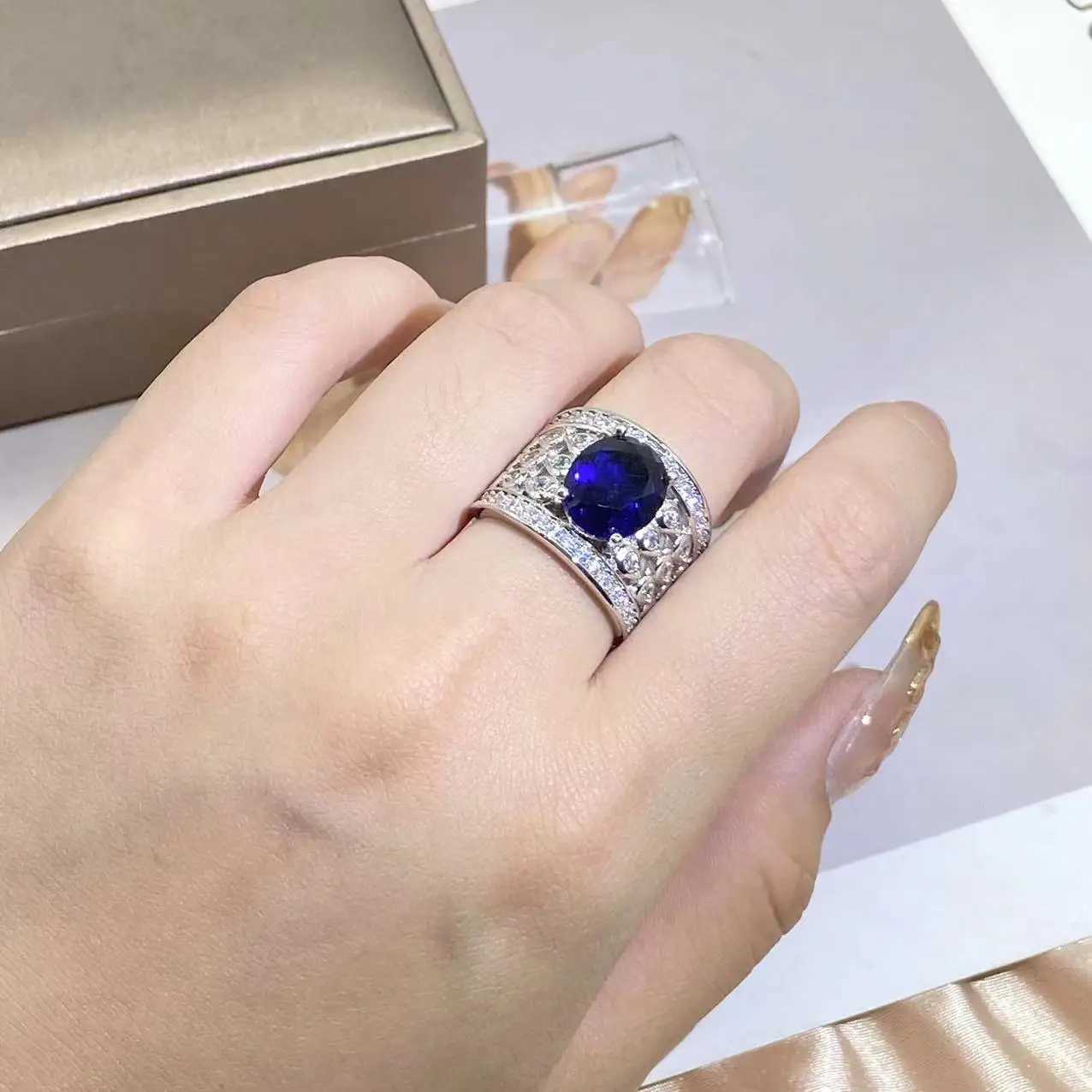 Hollow Blue Zircon Wedding Ring for Women Water Drop Net She Micro-inlaid Simulation Simple Jewelry Full Drill Engagement RingXJ250514