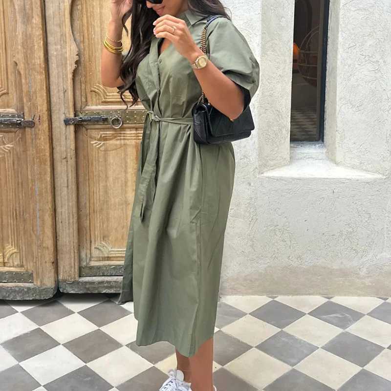 Summer Casual Lapel Tie Up Shirt Dress Retro Short Sleeved Commuter Womens Dress Elegant Single Breasted Solid Color Long DressXJ250514
